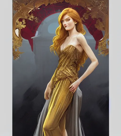 Image similar to katherine mcnamara wearing a golden dress, grey hair, red necktie, cinematic, stunning, highly detailed, digital painting, artstation, smooth, hard focus, full body shot, illustration, art by artgerm and greg rutkowski and alphonse mucha