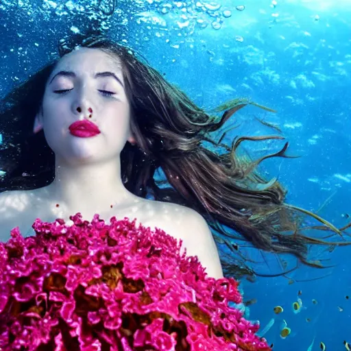 Prompt: medium close up, of a beautiful teen with short brown hair completely underwater wearing a floral sundress, eyes closed, bright red lipstick, sinking as if drowing, motion blur, long exposure. Seed image is [3790640580, 3580780586, 658923803]