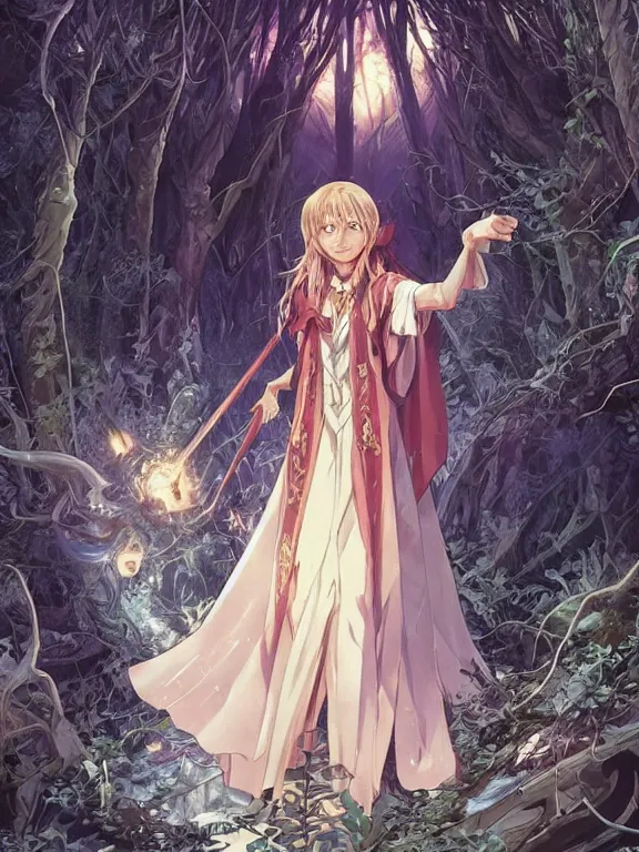 Image similar to anime key visual of writer jk rowling the enchantress with her back to the camera wears harry potter wizard clothes!! intricate, magical forest, stunning, highly detailed, digital painting, artstation, smooth, hard focus, illustration, art by artgerm and greg rutkowski and alphonse mucha