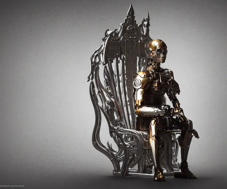 Image similar to translucent cyborg sitting on a metal throne in a futuristic castle, fantasy sci - fi, sharp lines, metallic, 2 0 0 mm focus, bokeh