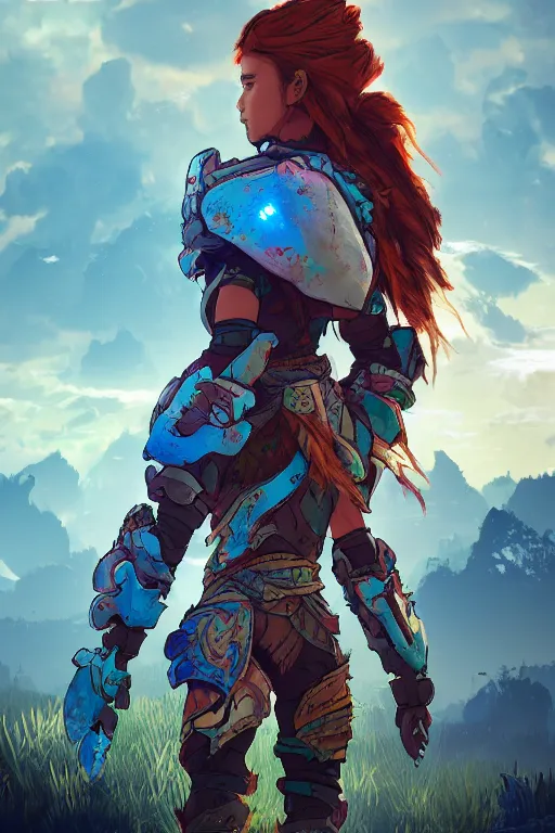 Image similar to combination suit armor aloy horizon forbidden west horizon zero dawn radiating a glowing aura global illumination ray tracing hdr fanart arstation by ian pesty and alena aenami artworks in 4 k tribal robot ninja mask helmet backpack