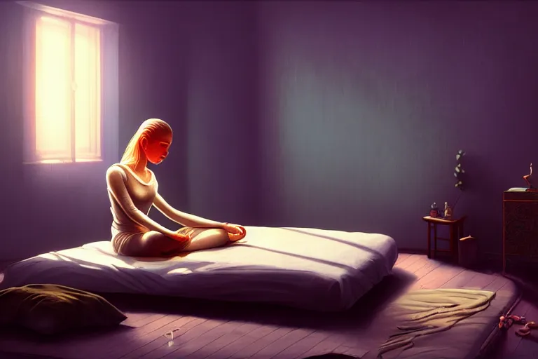 Prompt: girl meditating on the bed in her room, in the style of dariusz zawadzki, solarpunk, exact anatomy, atmospheric, clean, intricate and epic composition, dark by caravaggio, insanely quality, highly detailed, masterpiece, blue light, artstation, 4 k