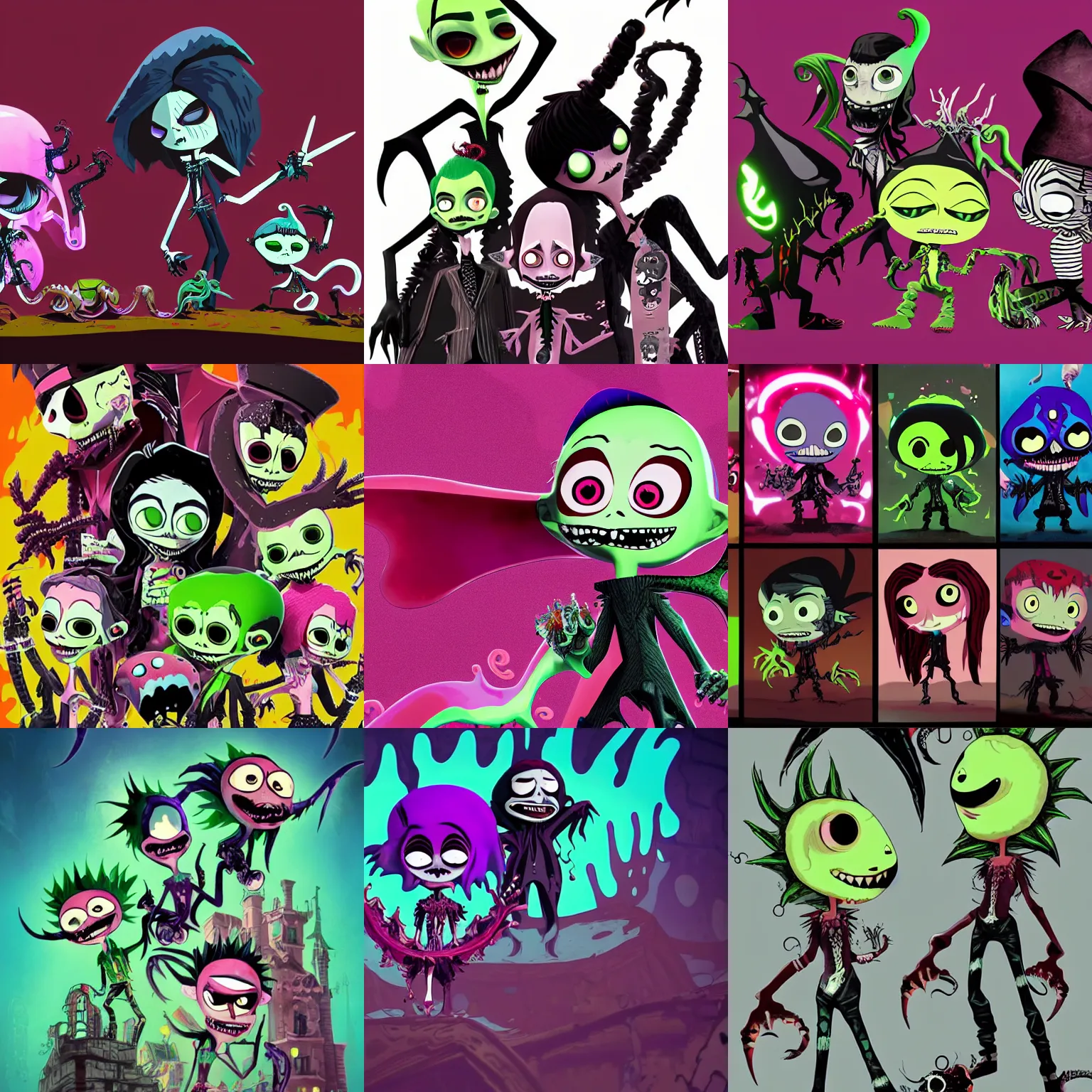 Prompt: CGI tim burton gothic punk vampiric electrifying vampiric squid character designs of varying shapes and sizes by genndy tartakovsky and the creators of fret nice being overseen by Jamie Hewlett from gorillaz for a splatoon game by nintendo