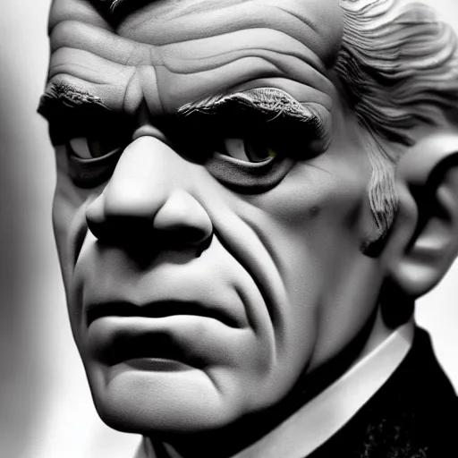 Prompt: film still of hyper realistic face portrait of classic boris karloff dressed as frankestein smiling, hyper detail, long shadows, film texture, dof, 3 5 mm