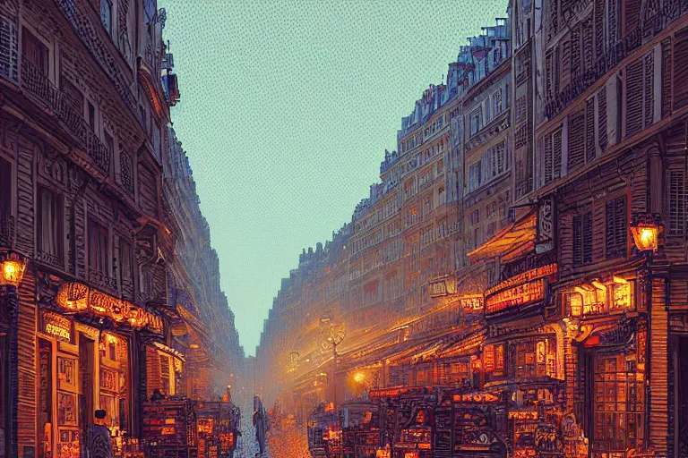 Image similar to a city street in paris under the dark sun, beautiful detailed pixelart by albertov, intricate details, beautiful, dithered gradients, volumetric lighting, cgsociety, artstation, smooth, sharp focus, 2 d illustration, amazing art by dan mumford