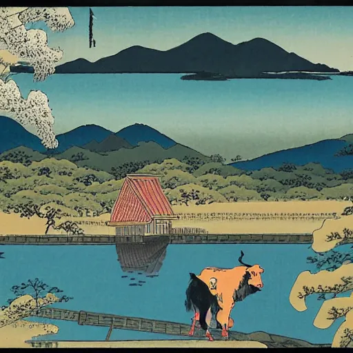 Image similar to a farm next to a lake in the style of ukiyo - e