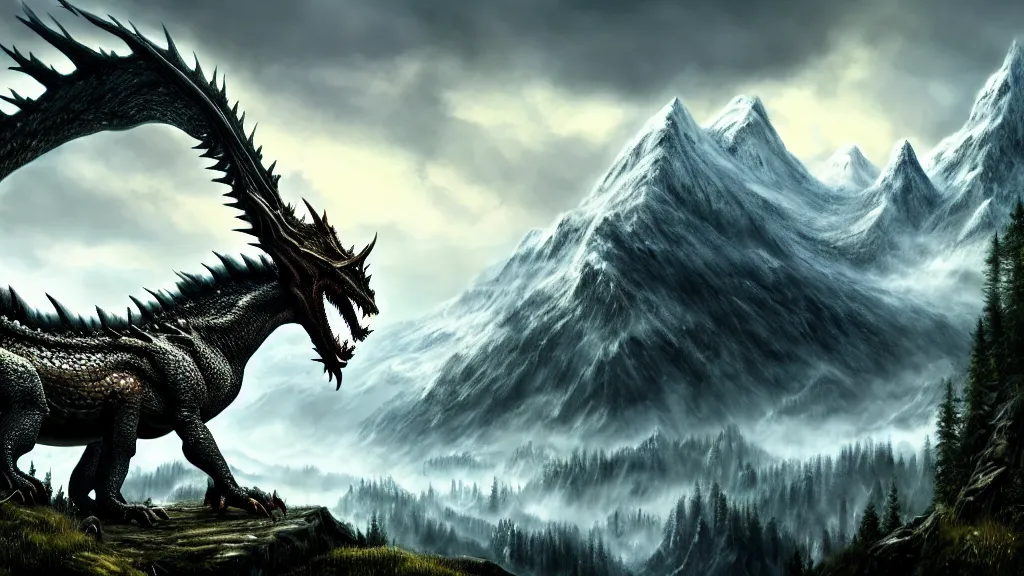 Prompt: a photorealistic portrait, stunningly beautiful forest landscape, professionally retouched, soft lighting, hyper realistic, mountains, trees, beautifully detailed sky, big alduin dragon from skyrim sleeping, wide angle, sharp focus, 8 k high definition, 6 4 megapixels, insanely detailed, stunningly beautiful