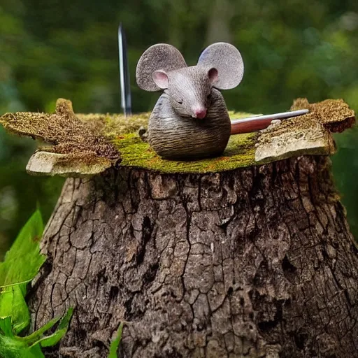 Prompt: Mouse Guard sits on a stump, deep forest, holding a sword, mouse sculpture by rivuletpaper, rivuletpaper art, Mouse Guard by David Petersen, mouse photo, small details, realistic illustration,