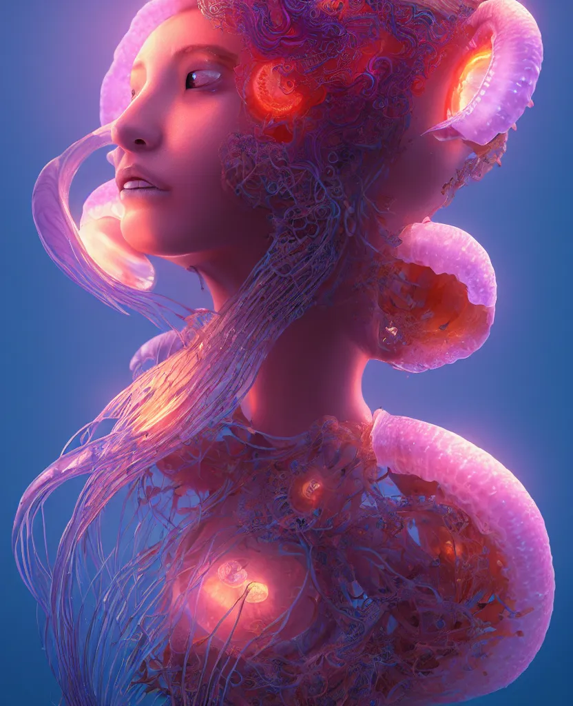 Image similar to goddess close-up portrait. jellyfish phoenix head, nautilus, orchid, skull, betta fish, bioluminiscent creatures, intricate artwork by Tooth Wu and wlop and beeple. octane render, trending on artstation, greg rutkowski very coherent symmetrical artwork. cinematic, hyper realism, high detail, octane render, 8k