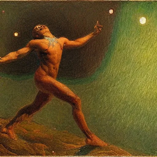 Prompt: spontaneous copper, verdigris, deep green by daniel garber, by george cruikshank. a beautiful body art. the abyss above him shone with unflickering stars. one of the dots of light was earth. he didn't know which one.