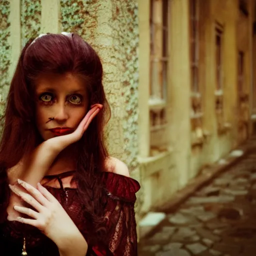 Image similar to A beautiful portrait of a lady vampire, victorian, photography, 35mm, depth of field, bokeh, soft light, cinematic, steve mccurry