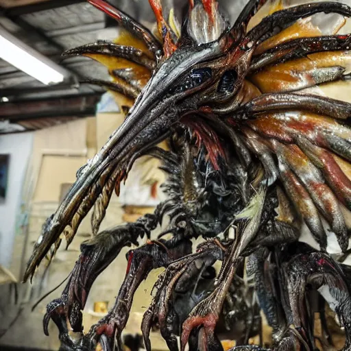 Prompt: photo taken of an epic intricate, ultra detailed, super realistic gritty, hero prop, exquisitely painted animatronic movie prop of a wet slimy grotesque nightmarish hellish winged avian creature displayed in the workshop, created by weta workshop, full body shot, photorealistic, sharp focus