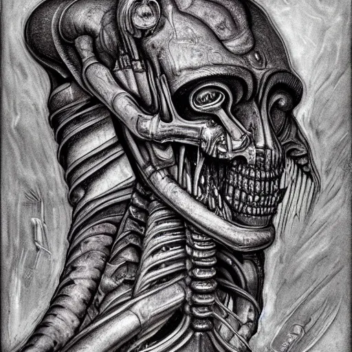 Image similar to detailed art by H.R. Giger for a tank made of human flesh in a body horror style