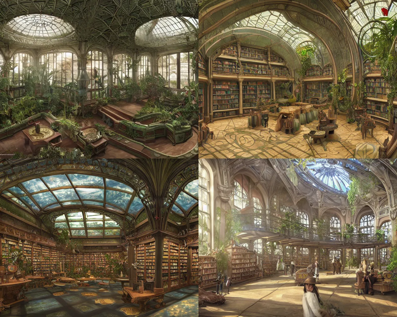 Prompt: Matte painting of the interior view of giant botanical museum. ArtNouveau Aetherpunk Kaladesh. Library with students. Fantastical, detailed digital art trending in artstation