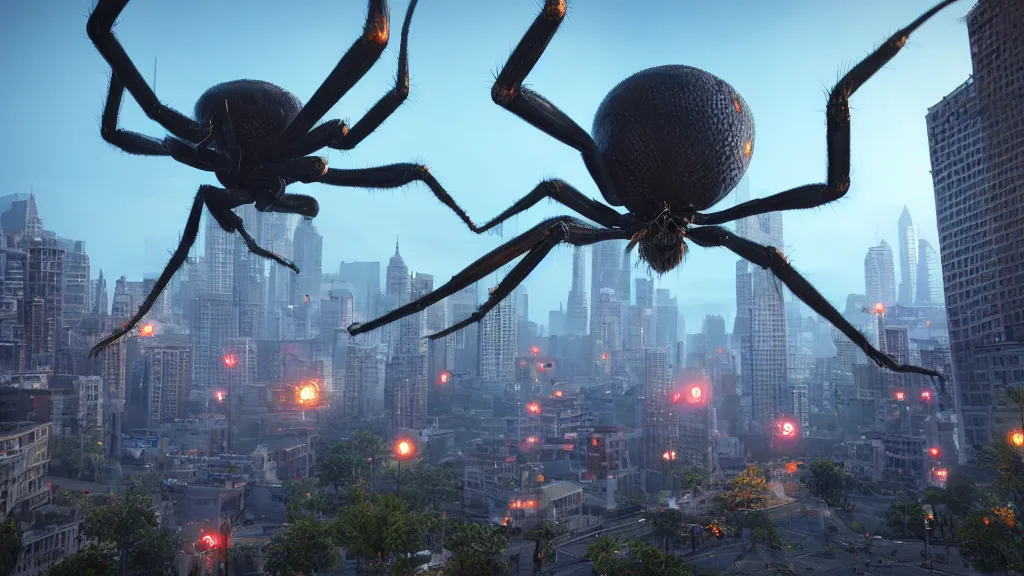 Image similar to giant spiders attacking the city, realistic, arachnophobia, unreal engine 5, global illumination, detailed environment, bright colours, cinematic, atmosphere, 4 k