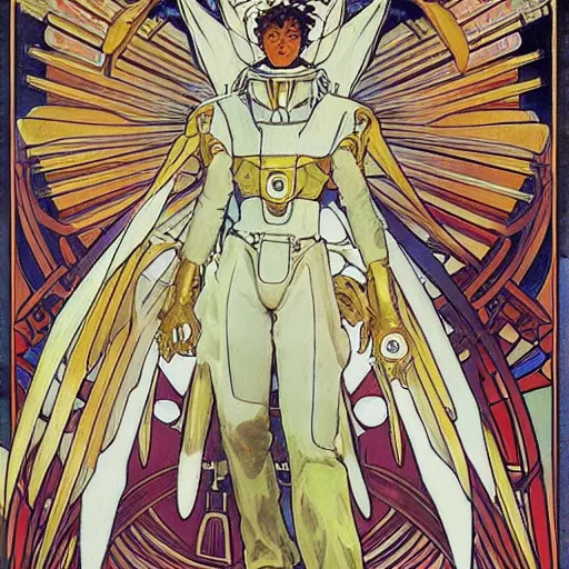 Image similar to anime manga angelic winged gundam robot astronaut portrait by Alphonse Mucha art nuevou