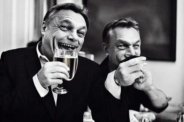 Image similar to viktor orban drinking champagne, smoking cigar, laughing hard, highly detailed face, by peter lindbergh