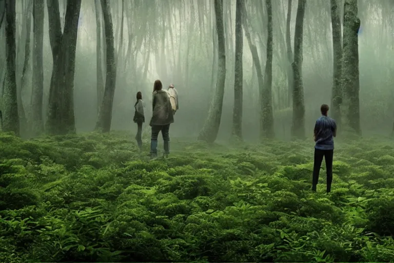 Prompt: tourists visiting a complex organic fractal 3 d ceramic sphere floating in a lush forest, foggy, cinematic shot, photo still from movie by denis villeneuve