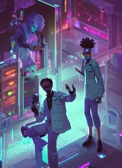Prompt: afro - cyberpunk scientists in lab coats, cybernetic limbs and holograms, hacking the metaverse | hyperrealistic oil painting | by makoto shinkai, ilya kuvshinov, lois van baarle, rossdraws, basquiat | afrofuturism, in the style of hearthstone, trending on artstation | dark color scheme