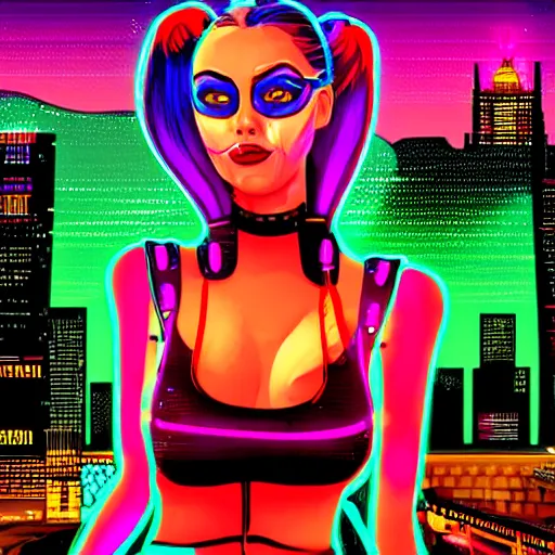 Prompt: harley quinn standing, cyberpunk setting, soft smile, city background, neon signs, nice view, holographic signs, 4k, digital art