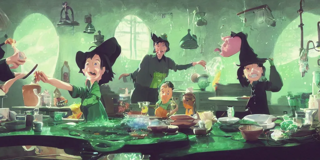 Prompt: a wholesome animation key shot of a steve buscemi with black hair as a witch cooking a magic potion in his cauldron of bubbling green liquid as his cats watch, medium shot, waist up, studio ghibli, pixar and disney animation, sharp, rendered in unreal engine 5, anime key art by greg rutkowski, bloom, dramatic lighting