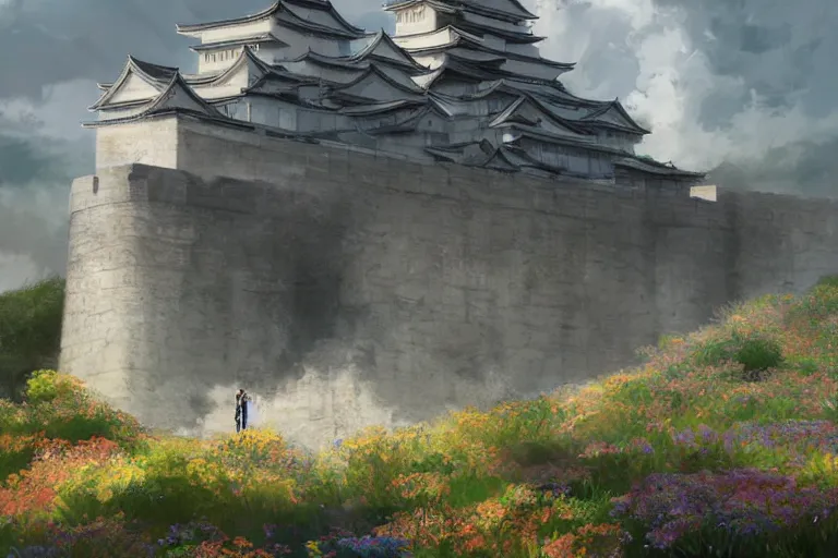 Prompt: Brutalist Shiro, Himeji Castle, gleaming white fortress, amazing cinematic concept painting, by Jessica Rossier, in the valley of garden of eden wildflowers and grasses, terraced orchards and ponds, lush fertile fecund, fruit trees, birds in flight, animals wildlife