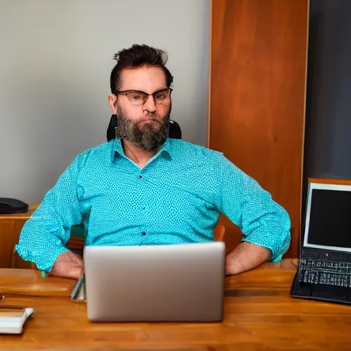 Prompt: caucasian man with turquoise shirt sitting in front of computer with large webcam! mounted on top