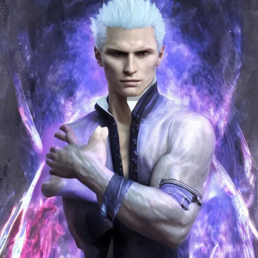 Image similar to vergil from devil may cry as albert wesker, au naturel, hyper detailed, digital art, trending in artstation, cinematic lighting, studio quality, smooth render, unreal engine 5 rendered, octane rendered, art style by klimt and nixeu and ian sprigger and wlop and krenz cushart