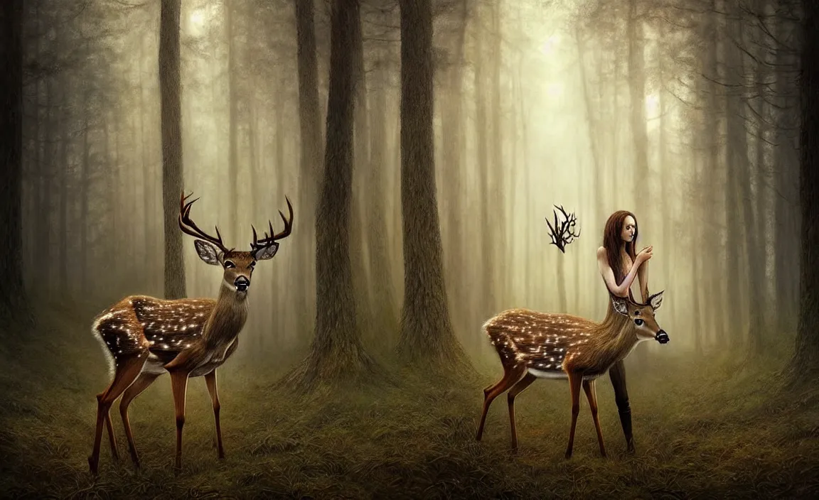 Prompt: epic professional digital art of hungry eyes woman deer in forest, faint atmospheric lighting, painted, intricate, detailed, by leesha hannigan, wayne haag, reyna rochin, ignacio fernandez rios, mark ryden, iris van herpen, best on artstation, cgsociety, epic, stunning, gorgeous, much wow, cinematic, masterpiece.