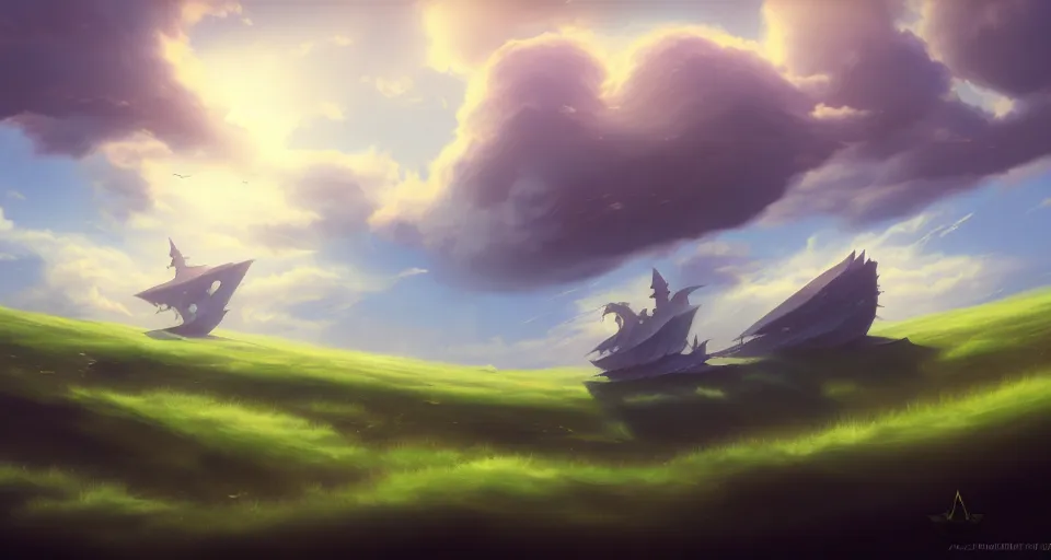 Prompt: a fantasy ship flying through the clouds with blue sky, grass hill, andreas rocha style