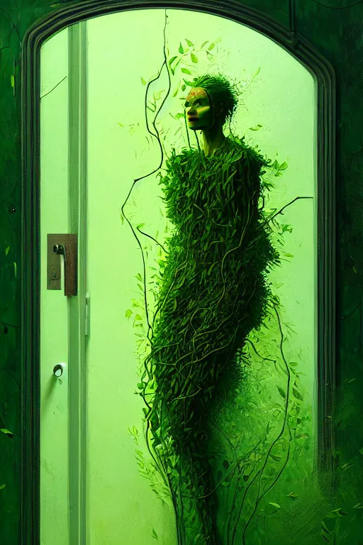 Image similar to detailed painting of person made of green vines opening a door, plants, horror, gritty, elegant, luxury, by ismail inceoglu dragan bibin hans thoma greg rutkowski alexandros pyromallis nekro rene maritte illustrated, perfect face, fine details, realistic shaded