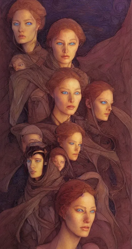 Image similar to beautiful female fremen on dune, by edgar maxence artgerm ross tran and michael whelan and gustav klimpt