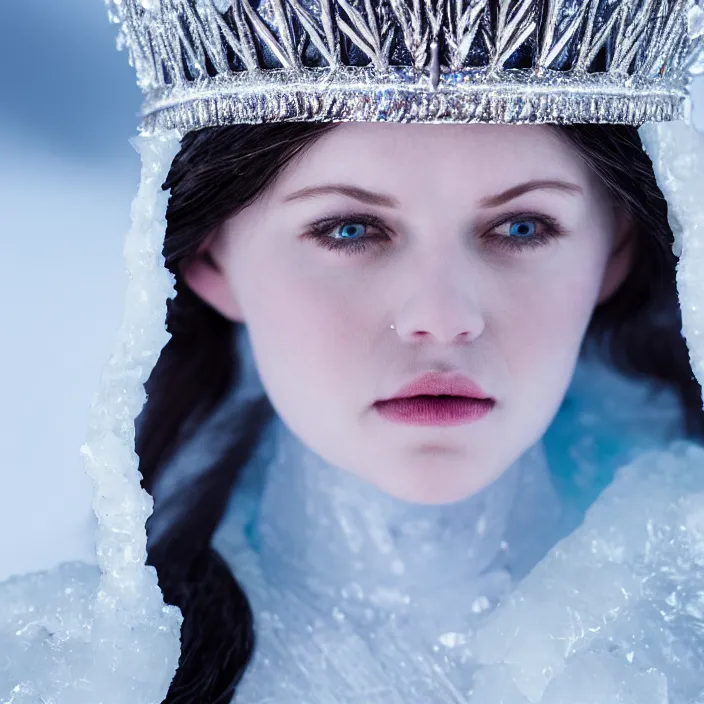 Image similar to photograph of a real-life beautiful ice queen with intricate crown and cloak. Extremely detailed. 8k