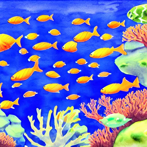 Image similar to A school of fish swimming in a coral reef, watercolor, trending on artstation, by studio Ghibli