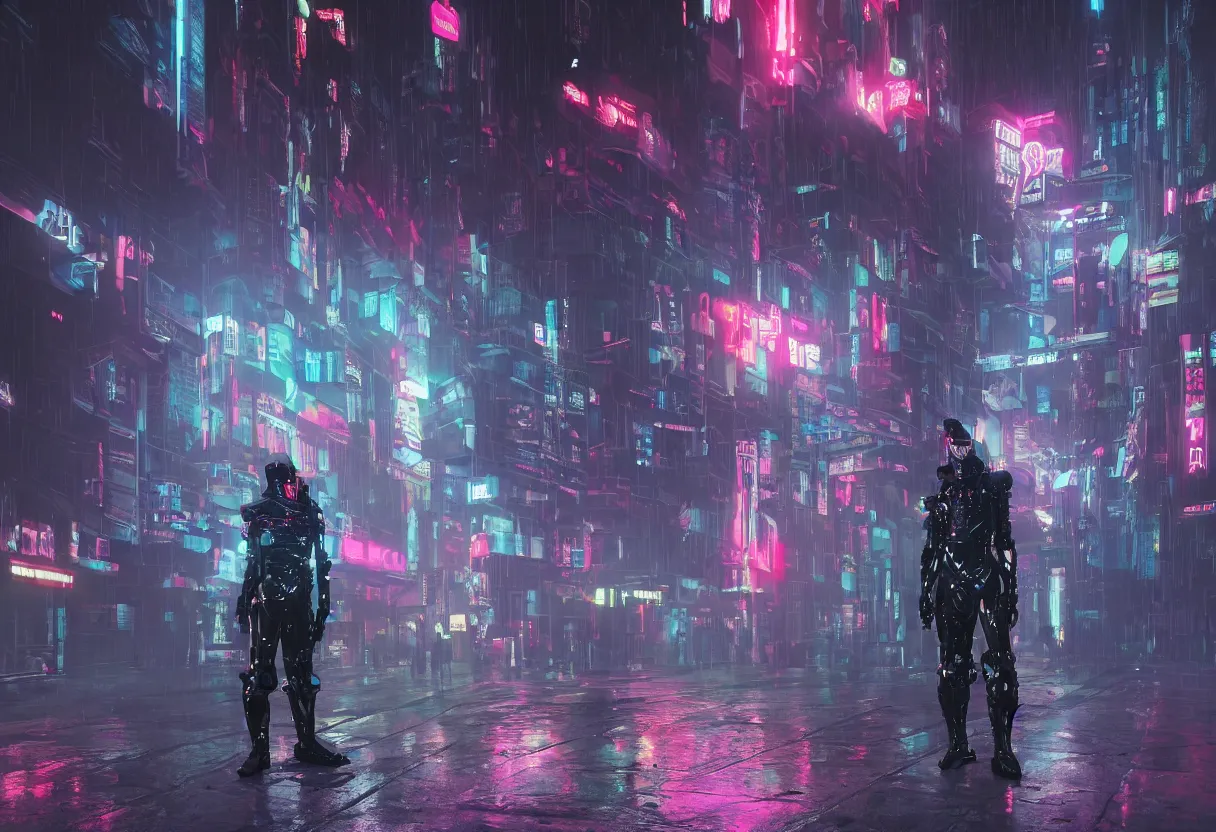 Prompt: an epic portrait of a cyberpunk knight cybernetic robot humanoid wizard wearing a neon robe posing in a mist-filled brutalist international futurist megacity, Night City, cyberpunk 2077, muted neon and constant rain and fog, unreal 5, DAZ, detailed, soft focus, brilliant colors, high contrast, brilliant highlights, 4k, 8k, HD, trending on artstation, trending on DeviantArt, painting oil on canvas illustration by Alena Aenmai by Wayne Barlowe by Gerald Brom by Noah Bradley by Thomas Kincade