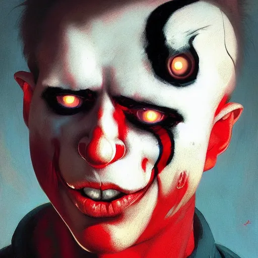 Image similar to 4k headshot portrait of Spawn clown from Macfarlane comics by Craig Mullins, ilya kuvshinov, krenz cushart, epic , artgerm trending on artstation by Edward Hopper and Dan Mumford and WLOP and Rutkovsky, beksinski carl spitzweg moebius and tuomas kocar, intricate artwork by caravaggio, Unreal Engine 5, Lumen, Nanite , 4K headshot of godlike clown with defined arms and open hands and bloody clothes with giant mandala wings , intricate face , flawless anime cel animation by Kentaro Miura, psychedelic , highly detailed upper body , professionally post-processed , beautiful, scary, symmetry accurate features, epic, octane rendered, anime masterpiece, accurate