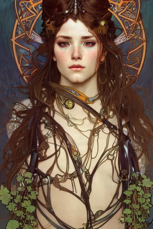 Image similar to realistic detailed portrait of a very beautiful warrior queen by alphonse mucha, charlie bowater, cyberpunk! style, mechanical accents!, flowing wires with leaves, rich deep moody colors