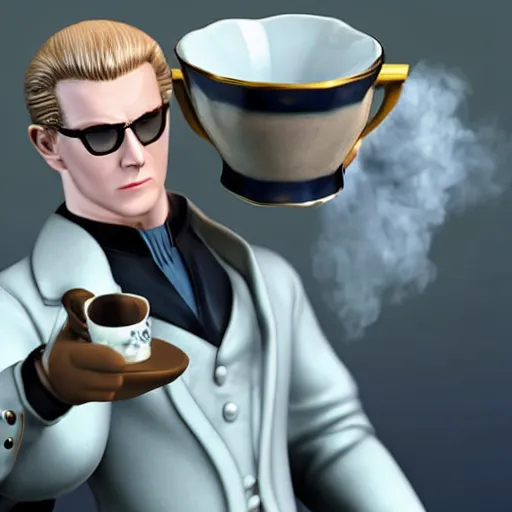 Prompt: albert wesker holding a small steaming china cup of tea, romanticism style, detailed facial proportions