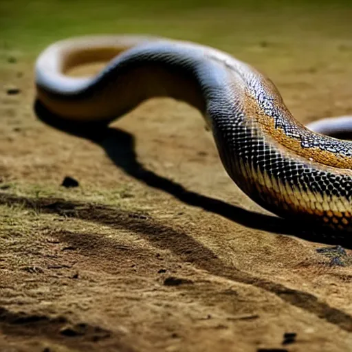 Image similar to hyper realistic photo of a long snake with a snake head, long shot, very accurate coherent image, natural geographic, award-winning shot