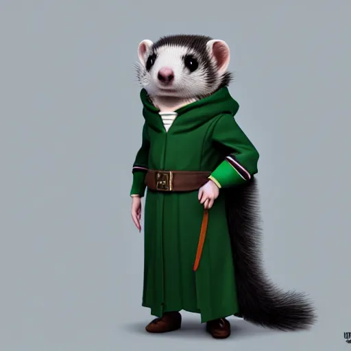 Image similar to a anthropomorphic ferret is dressed as a hogwarts student in slytherin robes, hyperdetailed, artstation, cgsociety, 8 k