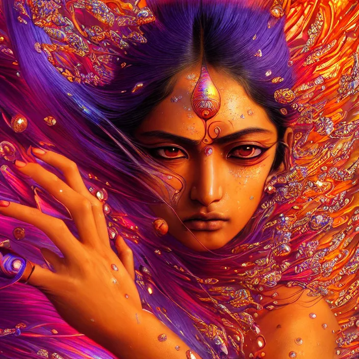 Image similar to ultra detailed illustration of a angry indian anime girl, skin covered in a sea of iridescent liquid, chrome metal material, lost in a dreamy oriental realm by Karol Bak, Moebius, hiroshi yoshida, Druillet, xsullo, colorful, front view, vivid colors, 8k, coherent, anime vibes, uplifting, magical composition, artstation, synthwave, 8k, coherent, artgerm, uplifting, unreal engine, magical composition, artstation