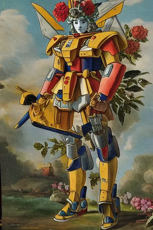 Prompt: a 18th century painting of a gundam decorated with exotic flowers