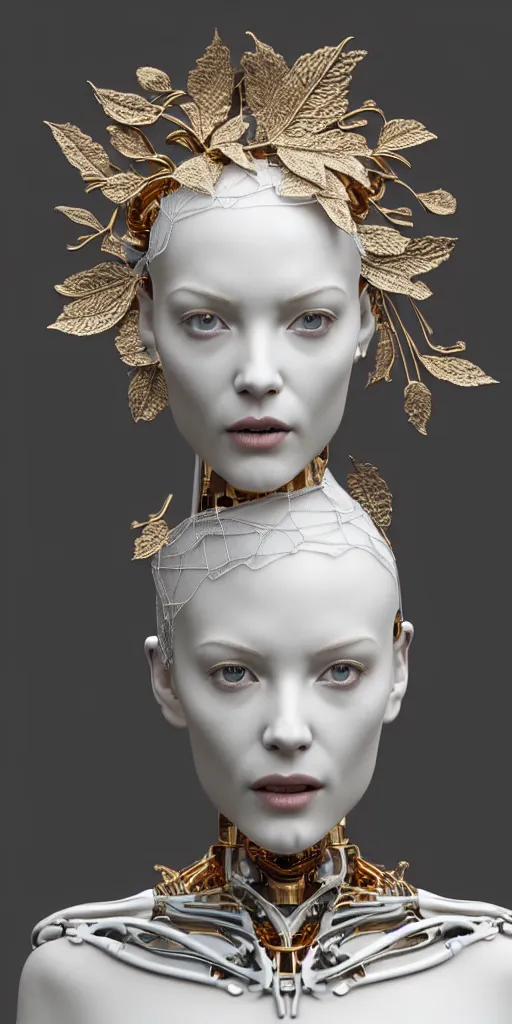 Prompt: complex 3d render ultra detailed of one single beautiful porcelain profile woman face, mechanical cyborg, 150 mm, accent lighting, beautiful studio soft light, rim light, silver gold red details, luxurious, magnolia big filigran ultra detailed leaves and stems, roots, Alexander Mcqueen haute couture, fine foliage lace, mesh wire, filigran intricate details, hyperrealistic, mandelbrot fractal, anatomical, silver metal armor, facial muscles, cable wires, microchip, elegant, white background, beautiful white teeth, beautiful lips, octane render, H.R. Giger style, 8k