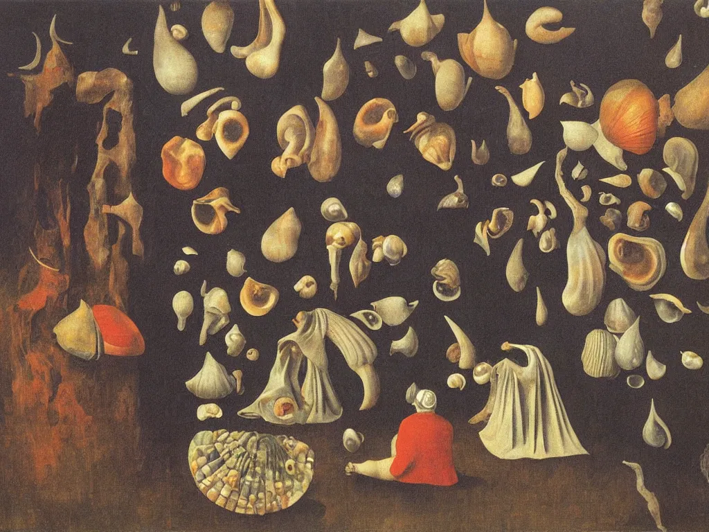 Image similar to Inside the giant cloak, miniature world at night. It rains with blue eyes. Still life with teeth and shells. Zurbaran, Rene Magritte, Jean Delville, Max Ernst, Maria Sybilla Merian