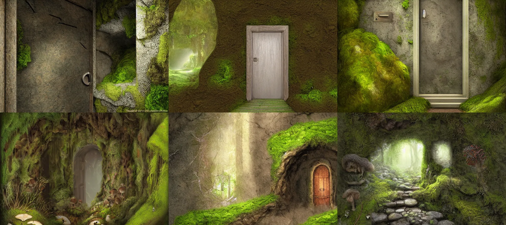 Prompt: closed door of a underground home in a cliff face, trees, moss, mushrooms, ferns, rocky sandy, dust swirling, small path up to door, soft light, james gurney, illustrative, texture, 4k