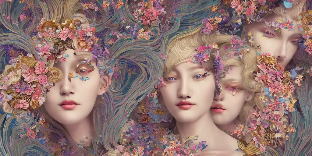 Prompt: breathtaking detailed concept art painting kaleidoscope art deco pattern of blonde faces goddesses amalmation flowers, by hsiao - ron cheng, bizarre compositions, exquisite detail, extremely moody lighting, 8 k