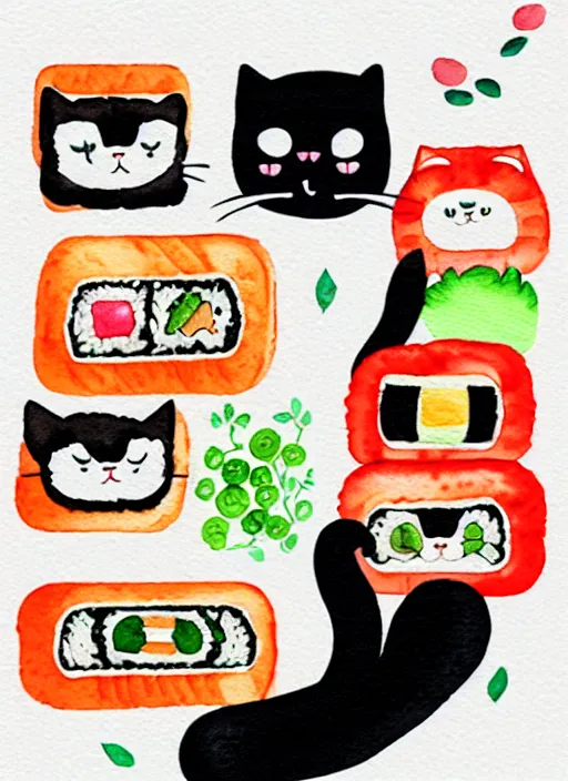 Image similar to cute cats and sushi watercolour