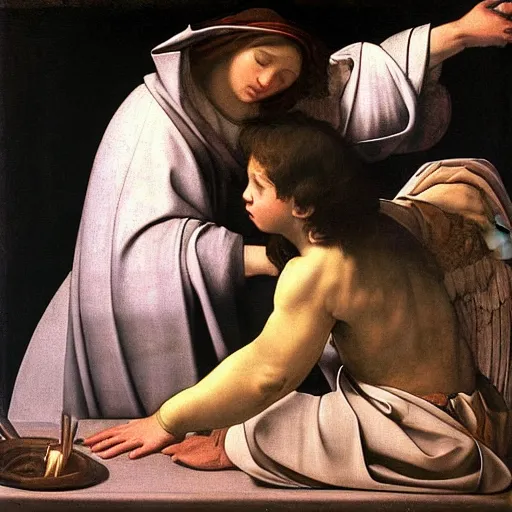 Image similar to 2 angels at the tomb of jesus, caravaggio, velasquez