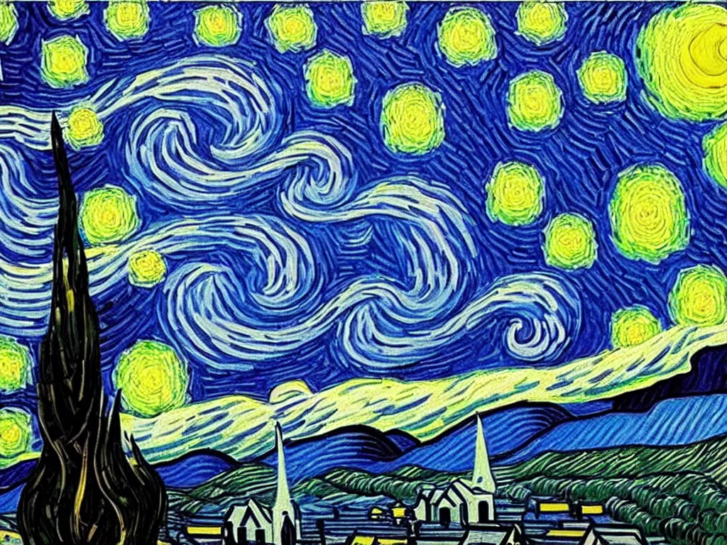 Image similar to painting of a starry night sky with homer simpson in a village, art by vincent van gogh