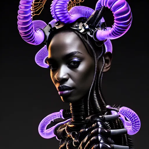 Image similar to portrait of an absurdly beautiful, graceful, sophisticated, fashionable black cyberpunk mechanoid gravure idol, hyperdetailed illustration by irakli nadar, maria borges, matt wisniewski style, intricate linework, dark black skin, neon jellyfish headdress, carved bone ruff, unreal engine 5 highly rendered, global illumination, radiant light, detailed and intricate environment